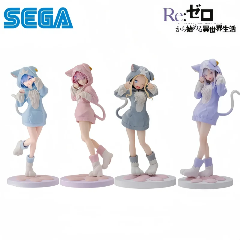 Sega en Stock, Caja Original, Garagekit Modelo Rezero, Versión Pijama con Orejas de Gato, Rem, Ram, Beatrice, Emilia, Personajes de Anime, Figura Coleccionable