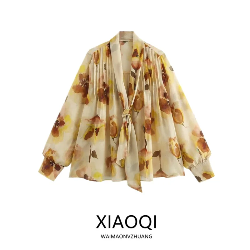 Csa Fena de Manga Longa Semi-Transparente com Estampa Floral Primavera 2025, Gola Dobrável, Nova Chegada, Ajuste Solto...