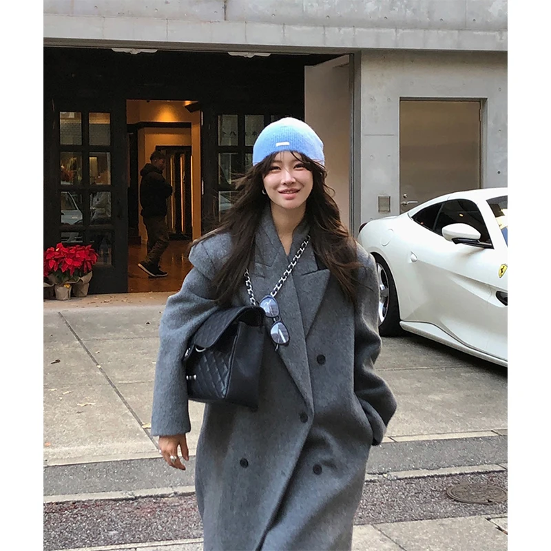 

MEXZT длинные шерстяные пальто женские уличные шерстяные куртки корейская мода двубортная верхняя одежда зимнее элегантное пальто