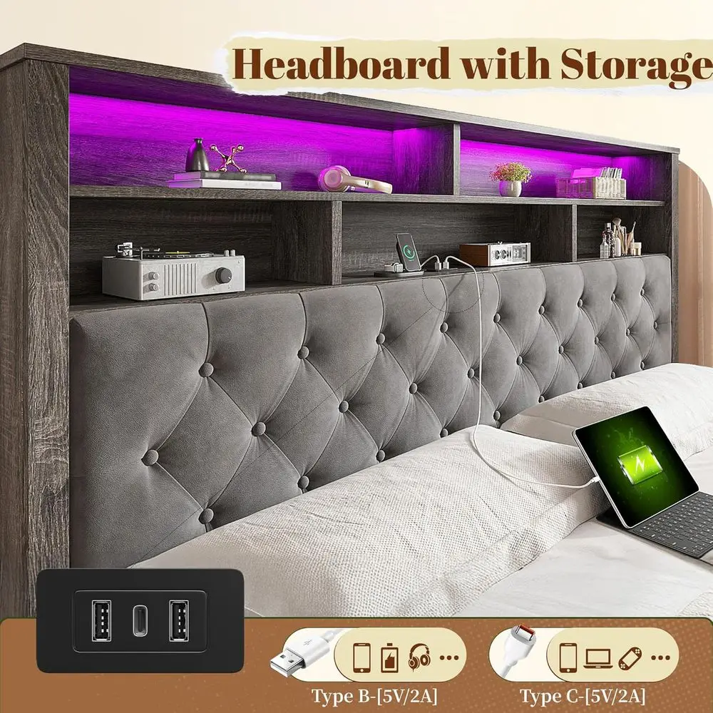إطار سرير كينج رمادي مع لوح رأسي منجد، 4 أدراج، محطة شحن، أضواء LED، لا حاجة إلى صندوق زنبركي