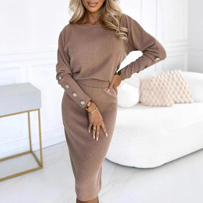 Damen Elegant Solid Rib Pendleranzug Frühling Rundhals Top Pullover und schmale Röcke Outfits Winter Langarm Knopf Damen Set