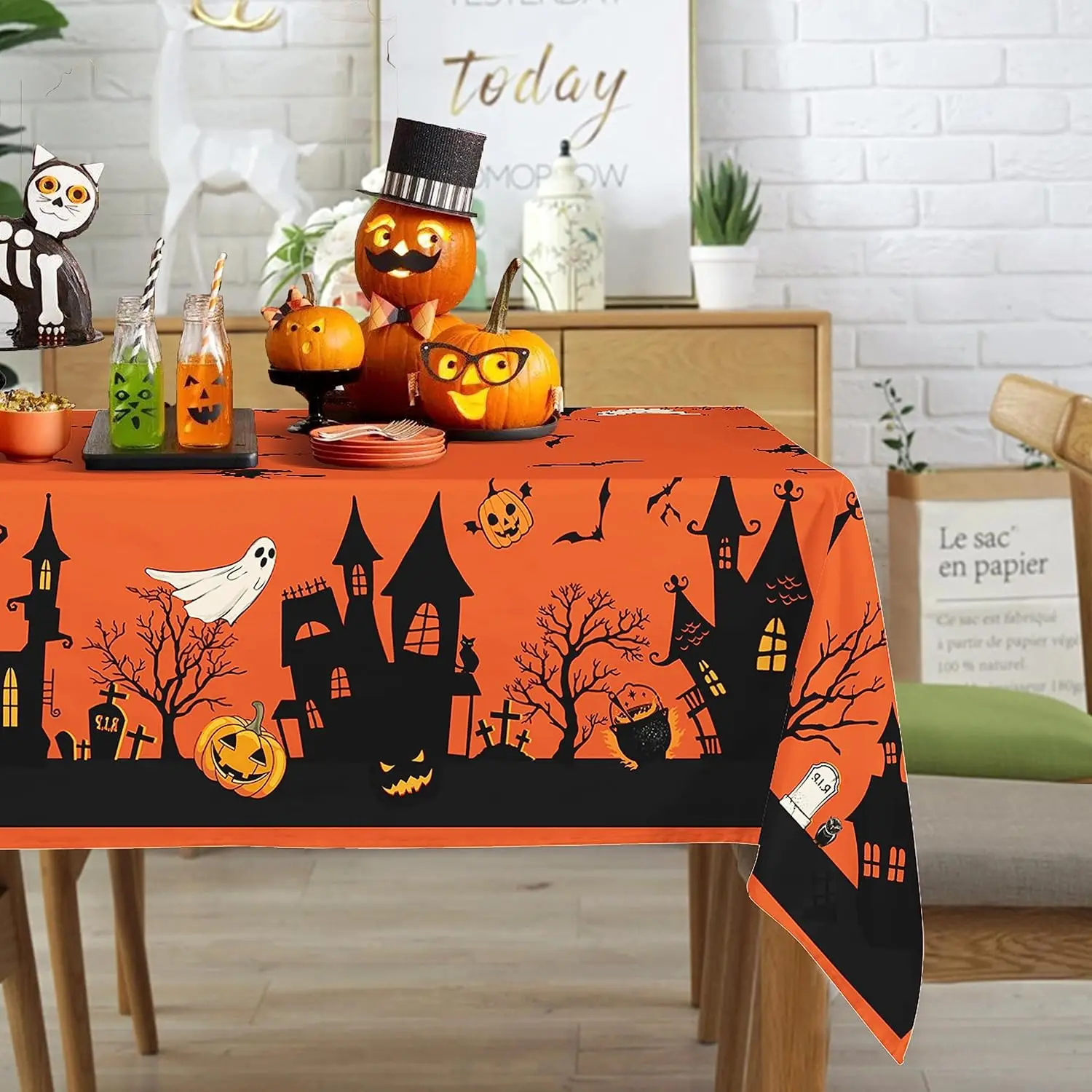 Halloween Pumpkin Castle Witch Waterproof Tablecloth Party Decor Reusable Kitchen Dining Tablecloth Halloween Decorations