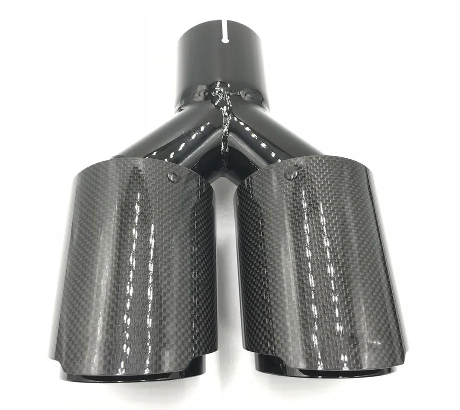 1Pcs Glossy Carbon Fiber Black Stainless Exhaust Tips Car Muffler Double Y Pipes For Exhaust Dual Tips Car Accessori For Ak