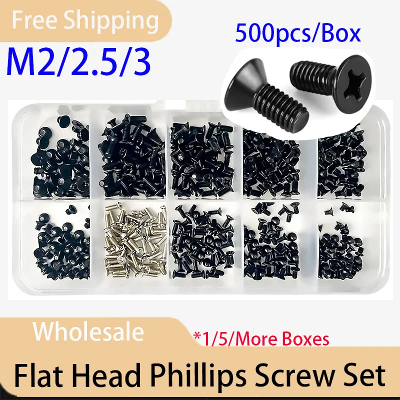 

500pcs/box countersunk flat head phillips small mini screw set carbon steel computer notebook laptop screws kit M2 M2.5 M3