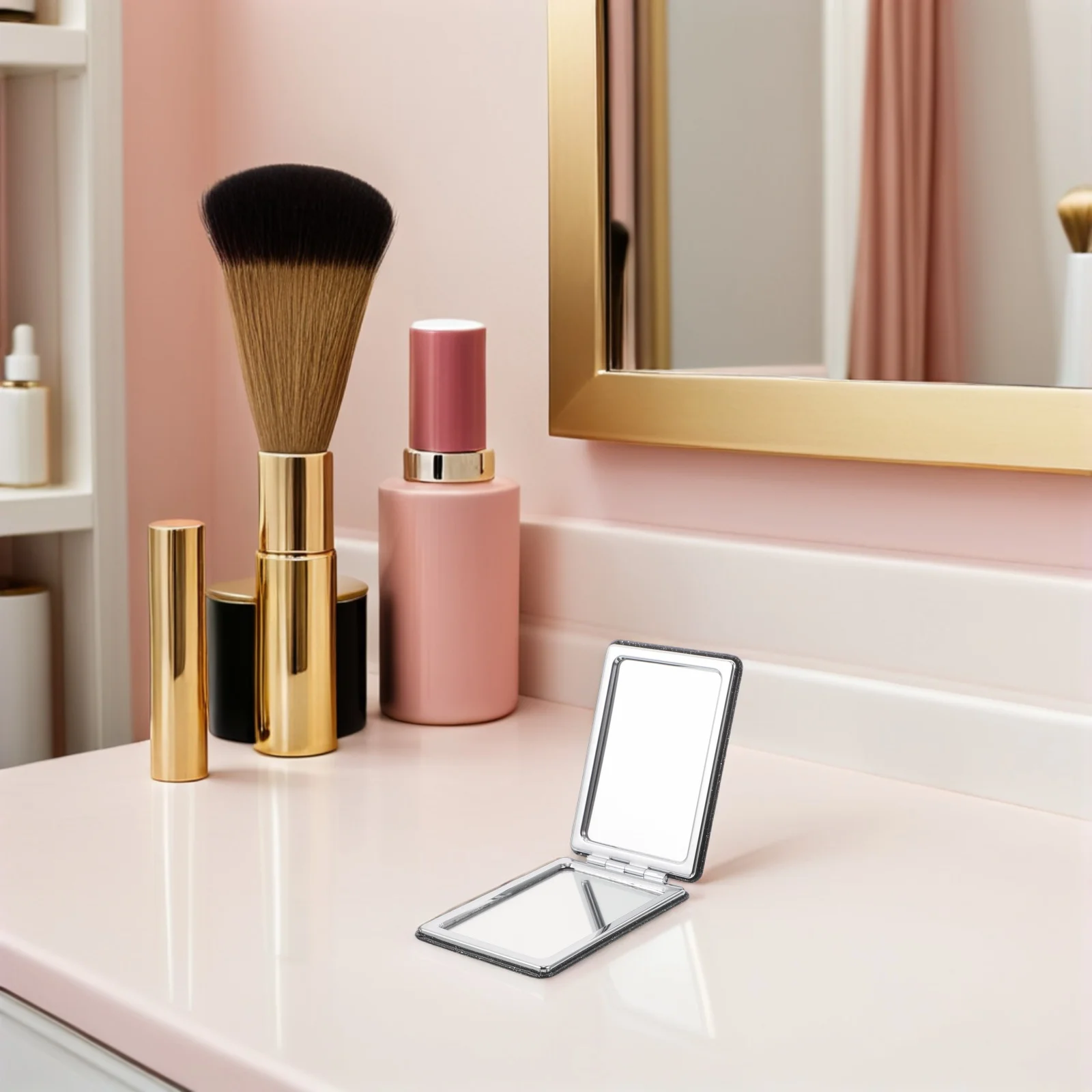 4Pcs Folding Black PU Compact Travel Mirror Double Sided Magnifying Pocket Mirror for Purse Compact Pocket Mirrors