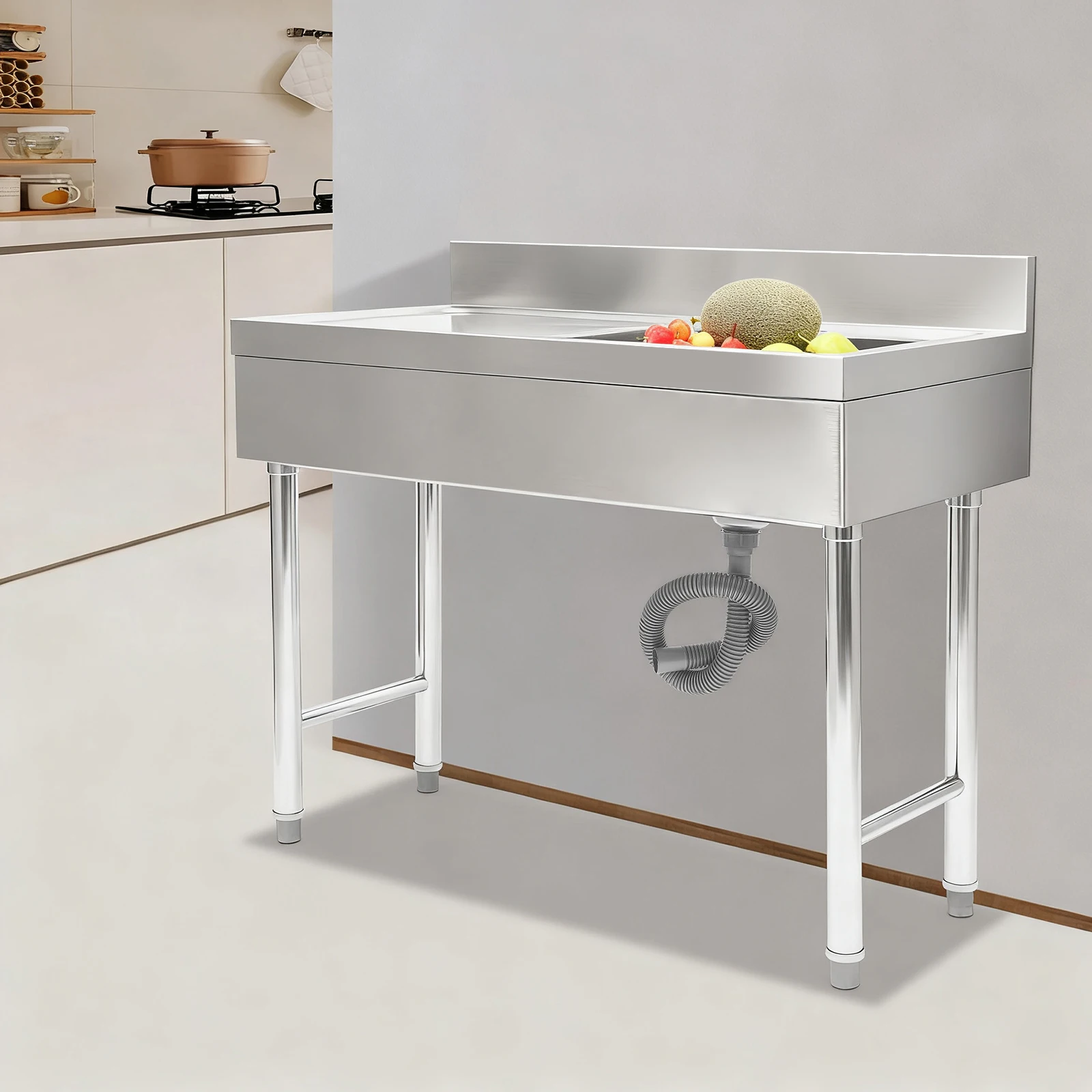 حوض مطبخ مستطيل من الفولاذ المقاوم للصدأ RV قائم بذاته فضي 100 × 50 × 80 سم للمطعم التجاري #6