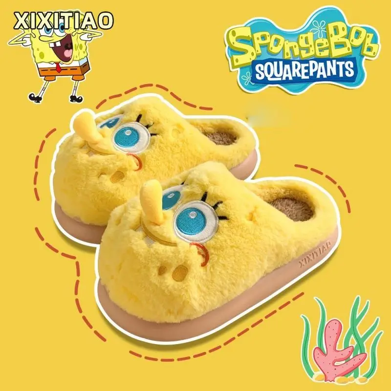 Kawaii Spongebob Squarepants Cotton Slippers Couple Winter Cotton Shoes Warm Home Soft Sole Cute Cartoon Comfortable Slippers