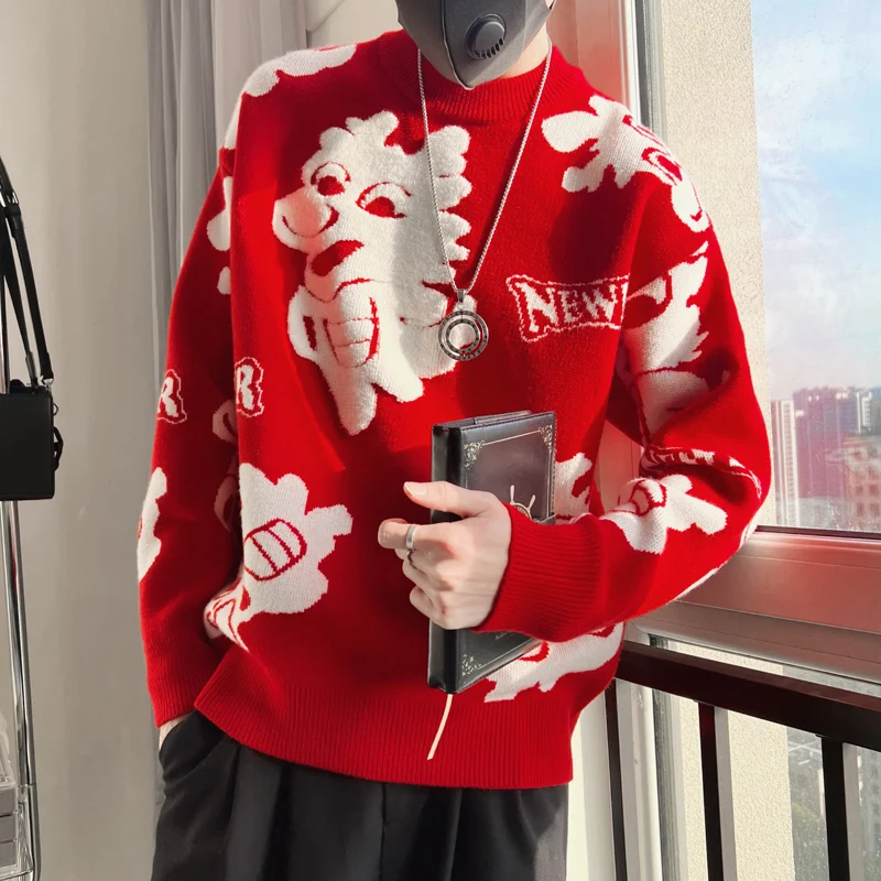 

Красный мужской свитер на Новый год: праздничный, элегантный, в американском стиле, свободного кроя, вязаный