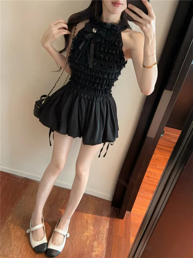 Lolita Princess Style Two Pieces Shorts Sets Black Beige Sleeveless Sweet Bow Lace Tank Top&Mini Bud Lantern Skirt Pants Suits