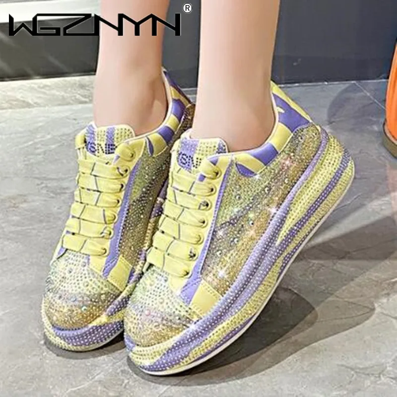 New 2023 Autumn Women Street Style Platform Shoes Rhinestones Thick-soled Shoes Shining Crystal Sneakers Trend Casual Sneakers