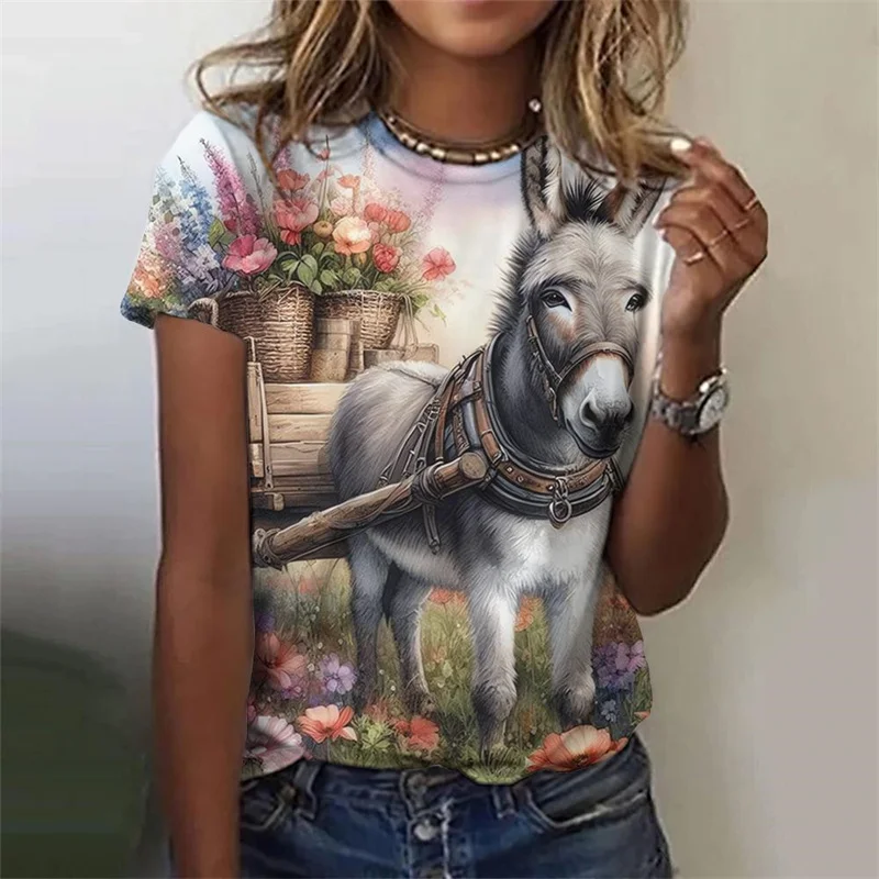 Cute Cow Donkey Pattern T-Shirt For Women Flower Animals 3D Printed T Shirts Summer Fashion Street Tees O-Neck Tops Short Sleeve