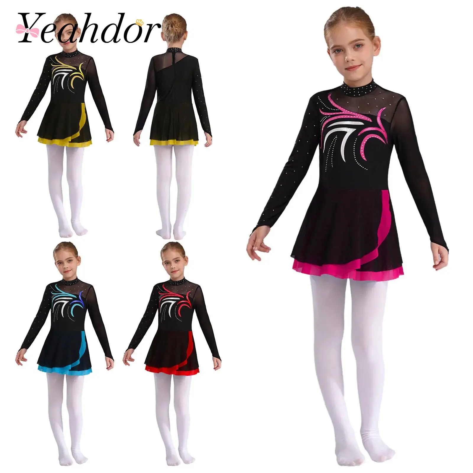 Kids Girls Figure Skating Dress Costume Teens Ballet Dance Costume Sheer Mesh Lyrical Dancewear Children's Ice Skating Clothes