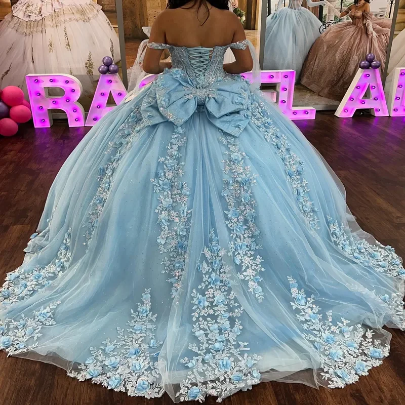 Illusion Sky Blue Mexican Quinceanera Dresses Ball Gown Lace Appliques Beaded Bow Sweet Lace Up vestidos de 15 quinceañera