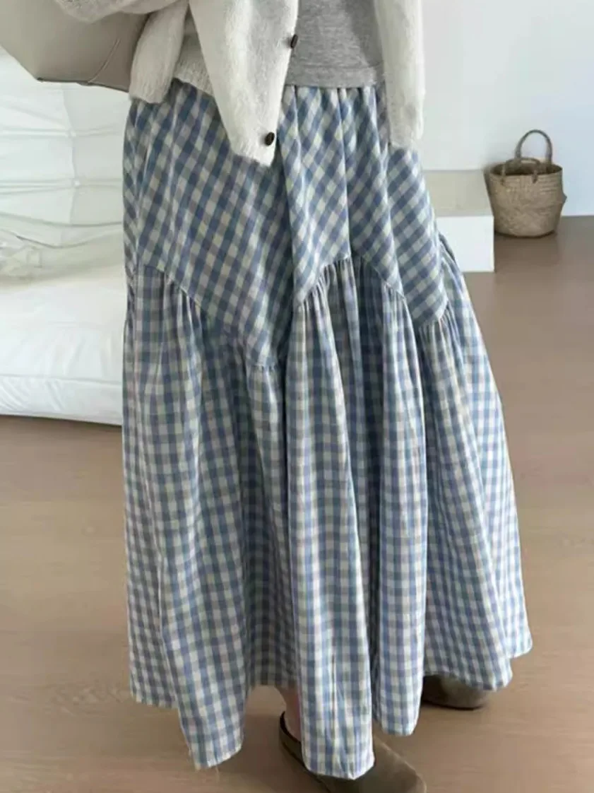 

Loose Blue Plaid A-Line Midi Skirt for Women plus Size Hip Concealing Slimming Design Korean Japanese Sle Casual Commute