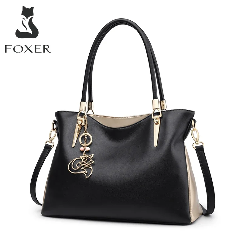 FOXER Brand Lady Cowhide Top Handle Bag Women Fashion Shoulder Crossbody Bags Female Genuine Leather Large Capacity Handbag Gift