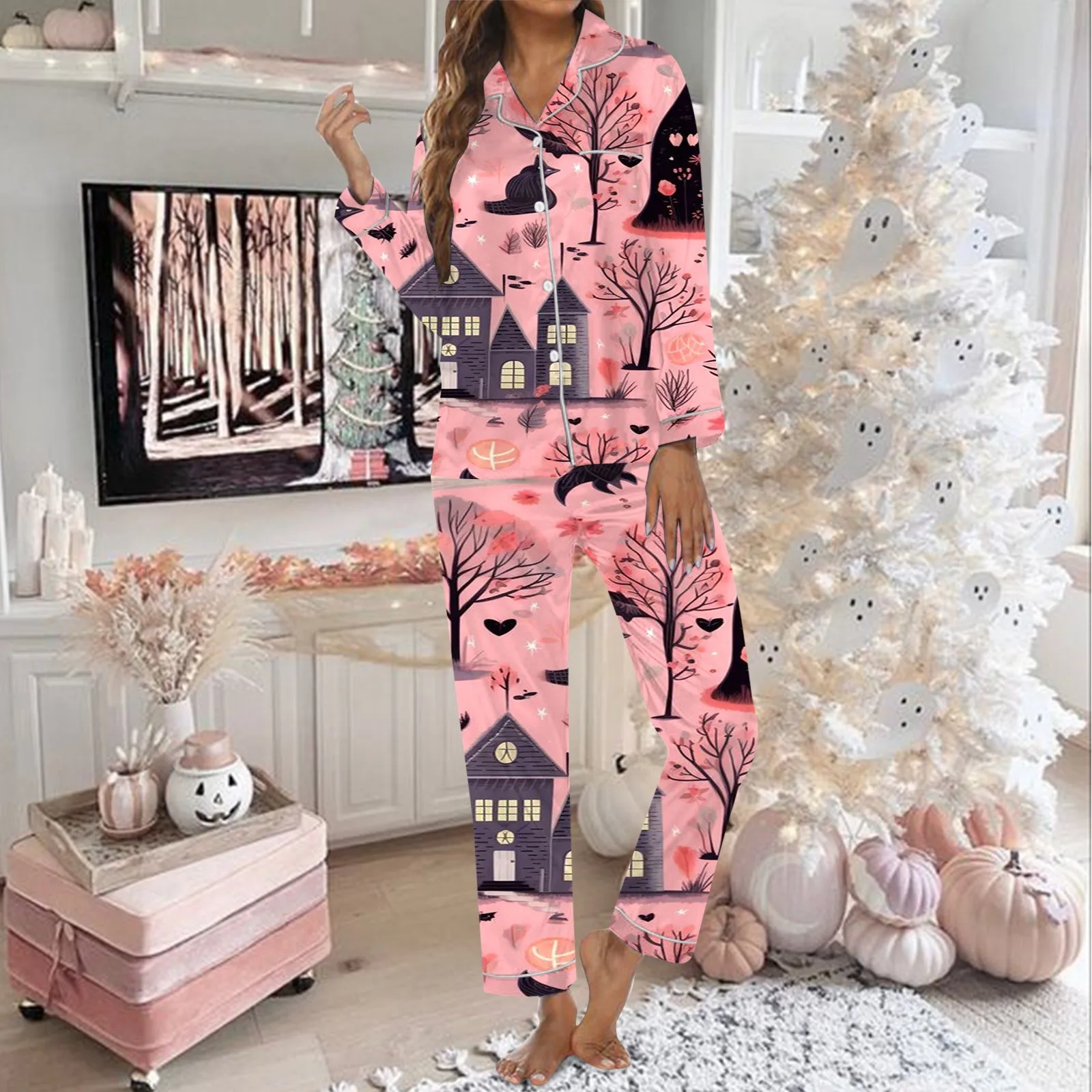 Long Sleeve Shirt Long Pants Pajama Set Women\'S Pink Printed Anime Halloween Sleepwear Ice Silk Smooth Soft Breathable Pyjamas