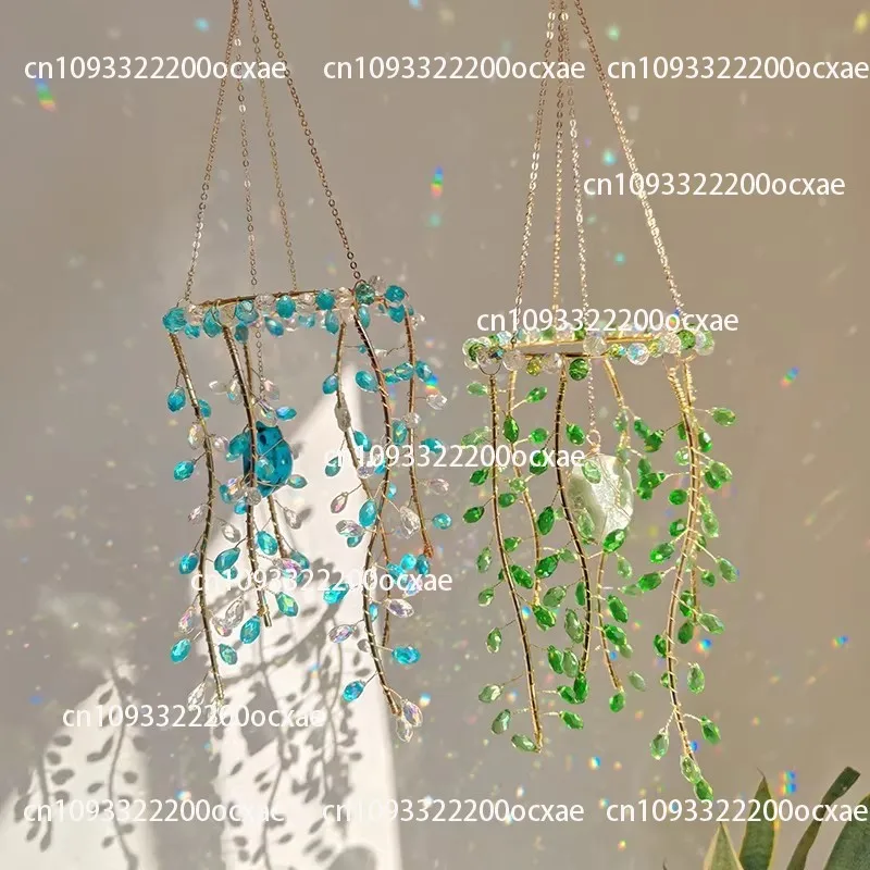 Crystal Glass Pendant, Sun Catcher Pendant, Green Willow Branch Hanging Ornament, Home Decoration Wind Chime