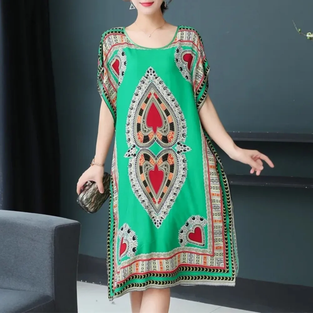 Retro Vintage Floral Print Elegant Ethnic Style O-Neck Slit Midi Dress Summer Trend Women\'s Batwing Sleeve Holiday Dresses 2024