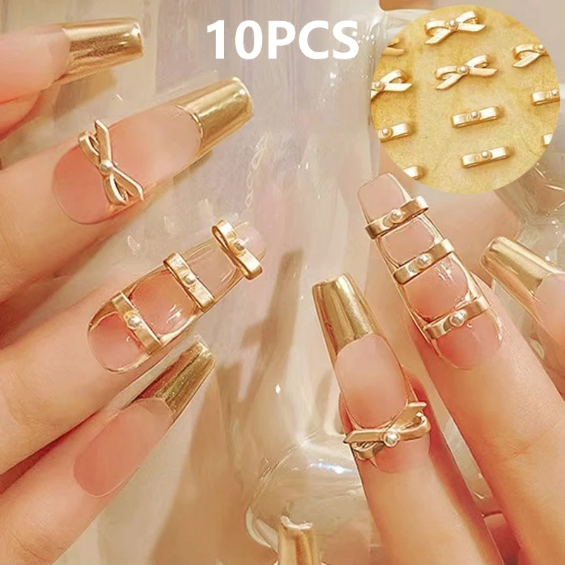 10 個ゴールドシルバーバレエリボンネイルチャーム 3D パールバレリーナ合金弓リボンネイル装飾部品 DIY レトロフレンチネイルアート部品