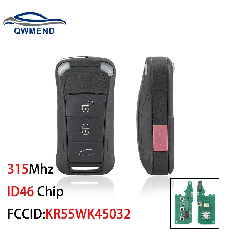 QWMEND Car Remote Key for Porsche Cayenne Base GTS S Turbo Sport 2004-2010 Flip Smart Car Key 315Mhz ID46 Chip KR55WK45032