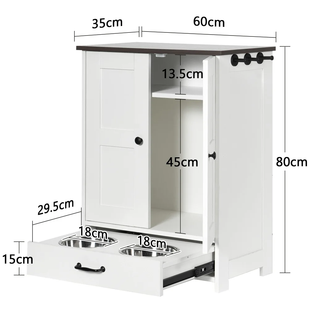 Storage Cabinet for Pet, Dog Feeding Station, Food Storage Cabinet with Hidden Dog Bowls, Adjustable Panel, Hooks, White