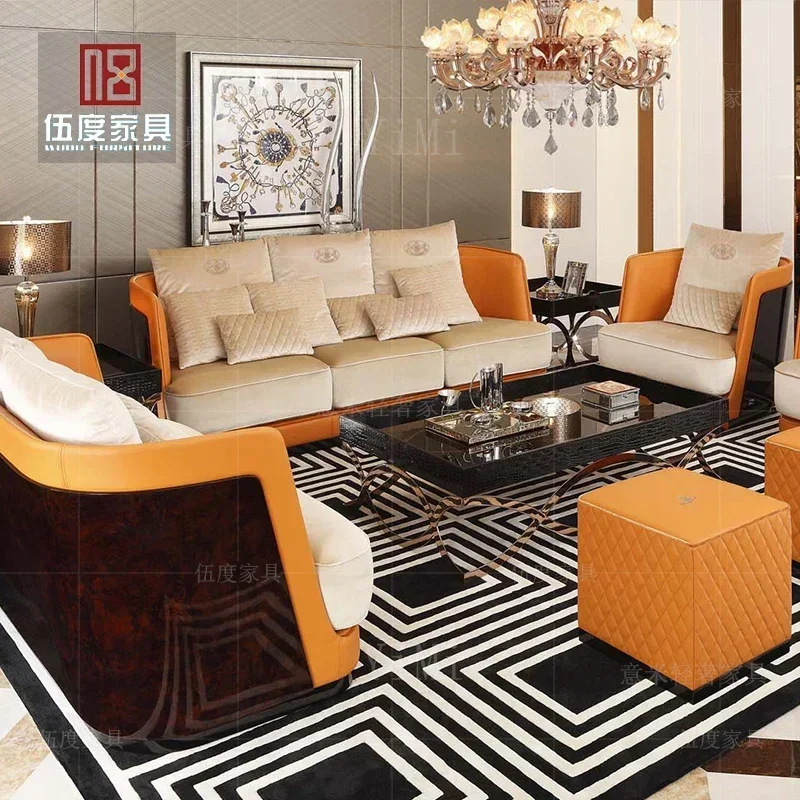 Modern light luxury leather sofa solid wood villa living room size apartment coffee table combination furniture