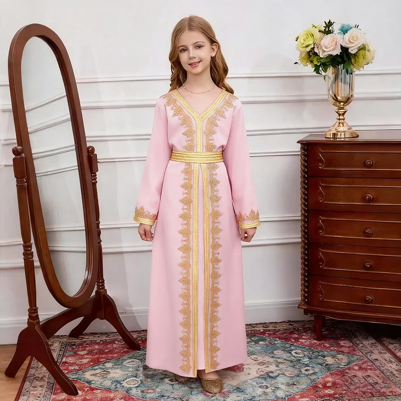  ชุดเดรสเด็กผู้หญิงมุสลิมแบบอาบายะห์ ชุดคลุมแบบอิสลามสไตล์ดูไบ แขนยาว คอวี ชุดละหมาดแบบอาหรับ ชุดคาฟตันพร้อมเข็มขัด ชุดสำหรับงานปาร์ตี้ เสื้อผ้ามุสลิม