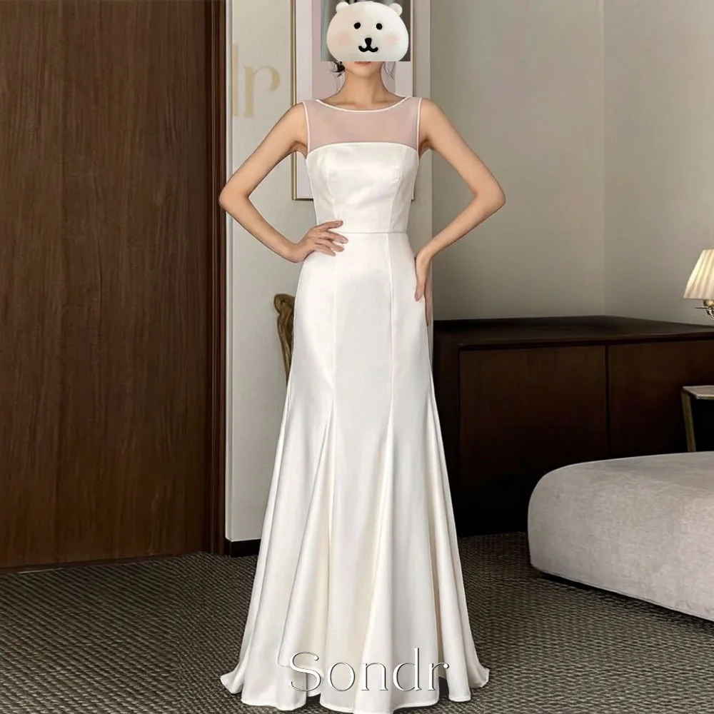 Sondr Simple Korean Wedding Dresses Scoop Collar Sleeveless Illusion Backless Reception Dress Photo Shoot Customized Party Gown