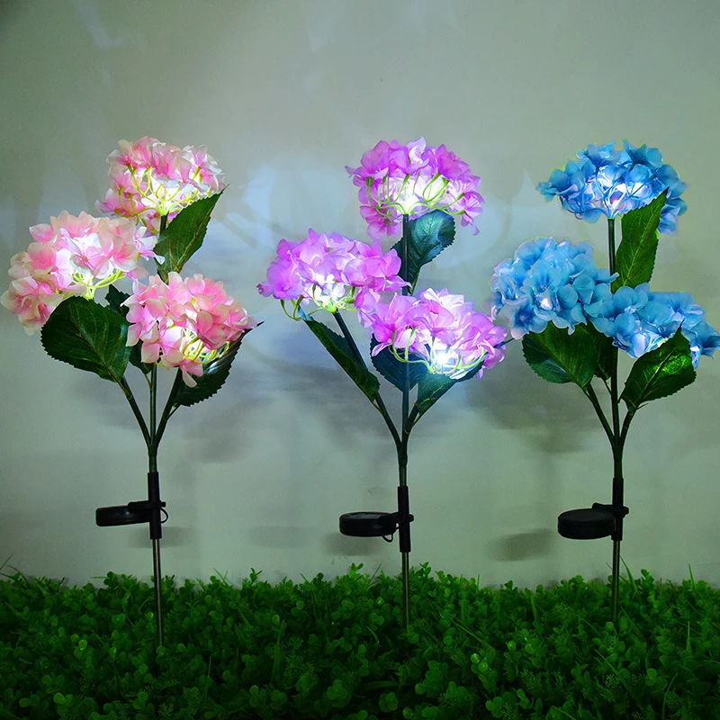 Garden Decor 3 Heads Hydrangea Artificial Flower Solar Lawn Lamp Summer Wedding Party Holiday Outdoor Patio Yard Decoration Lamp