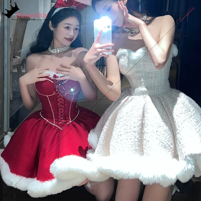 2025 Strapless Dress Cosplay Santa Claus KAWAII Winter Christmas Red Princess Puffy Skirt Xmas Women Holiday Party Dressing