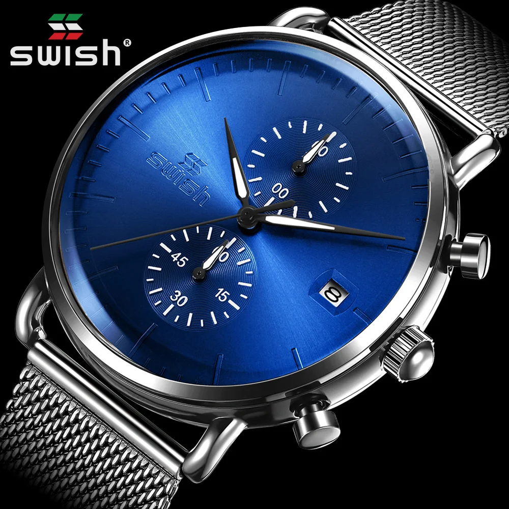 

SWISH Original Brand Black Quartz Movement Watch for Men Chronograph Date Pilot Wristwatch 42mm Mesh Strap Watch Round Big Face