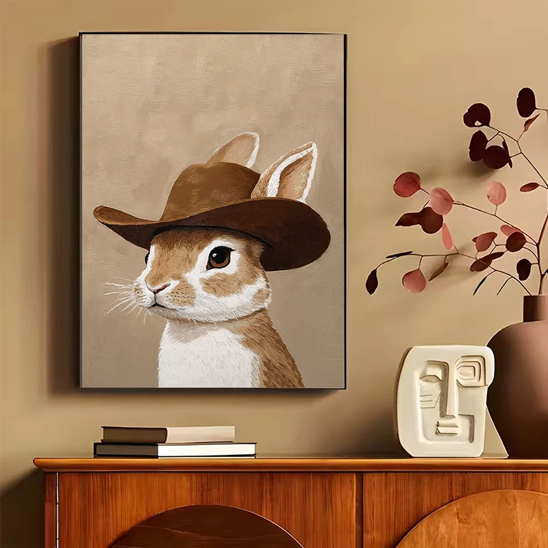 Rabbit Goose Cowboy Hat Print Poster Spring Brown Western Nursery Art Bunny Neutral Boy Room Animal Wall Art Canvas Painting