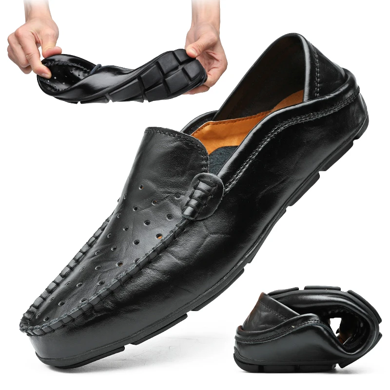 Mocassins en cuir véritable pour hommes, chaussures décontractées, marque de luxe, légères, respirantes, sans lacets, bateau, 2024