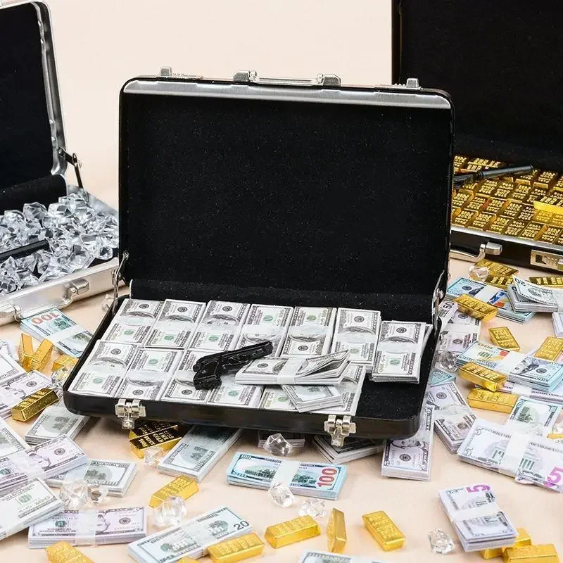 Miniature Dollhouse Aluminum Alloy Suitcase With Gold Bar Toys Password Cash Money Box Kids Educational Playset