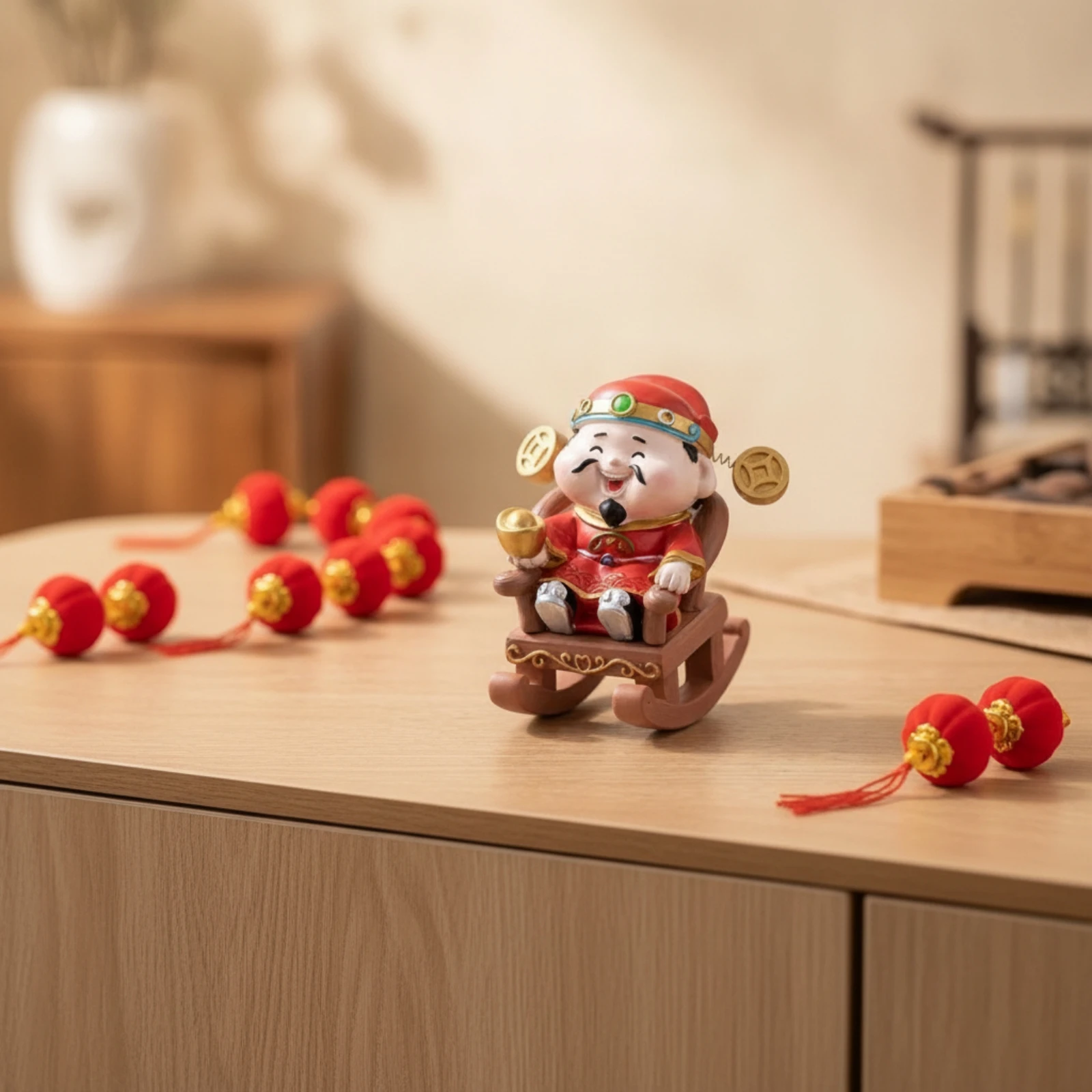 God of Wealth Figurine Auspicious Figurine with Rocking Chair Table Ornament Feng Shui Statue Festive for Office, Entryway