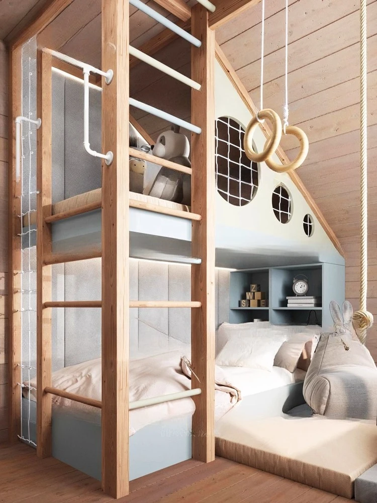 مسرح غرفة الأطفال، طابقين علوي، سقف منحدر، خشب متين، عالي ومنخفض، مع تسلق