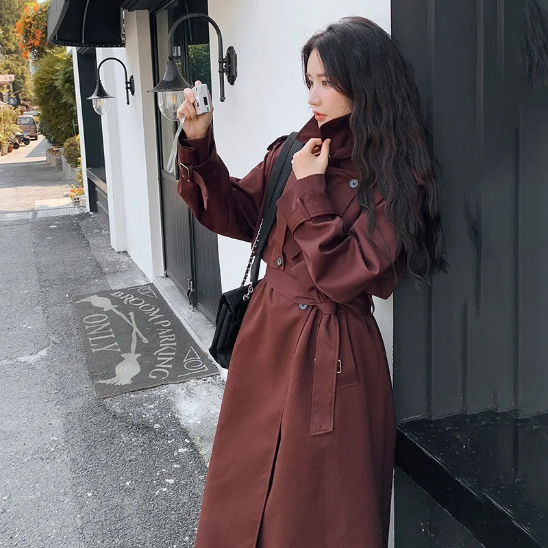 

SuperAen Red Trench Long Coat for Women Spring and Autumn New Fashion Belt Waist Solid Color Casual Coats