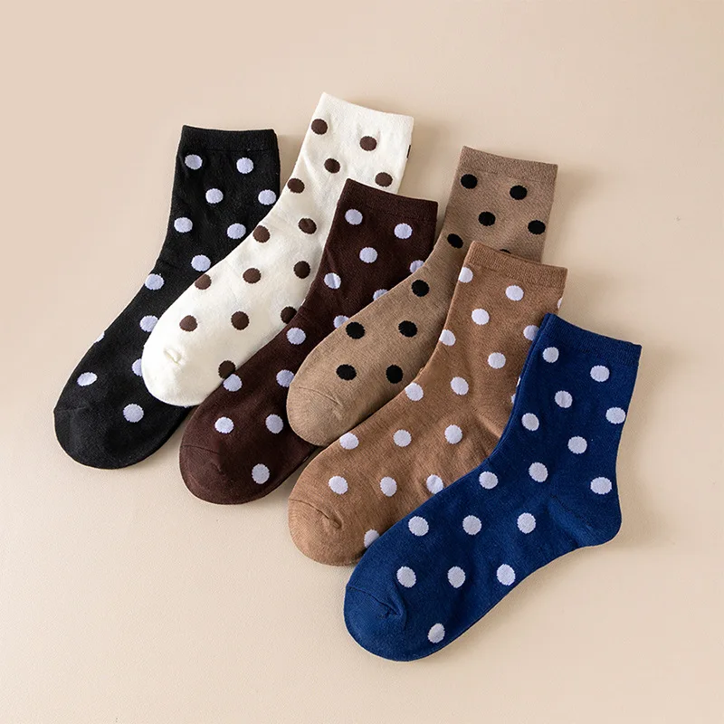 6 Pairs Women Polka Dot Crew Socks, Classic Dots Print Cotton Mid‑Calf Socks, Soft Casual Vintage Socks for Daily Wear