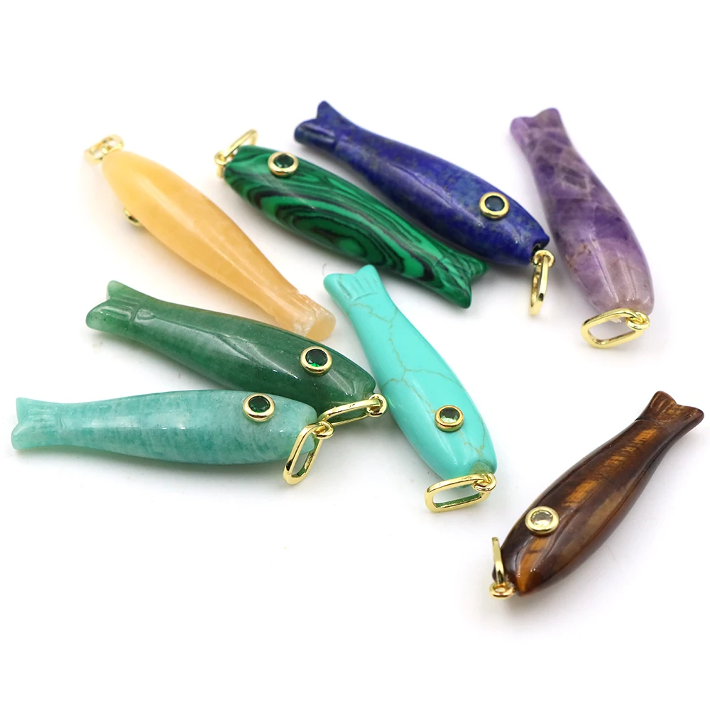 Natural Stone Healing Crystal Sardine Fish Pendant Inlaid Zircon Charm DIY Necklace Bracelet Jewelry Crafts Supply Gem Handmade