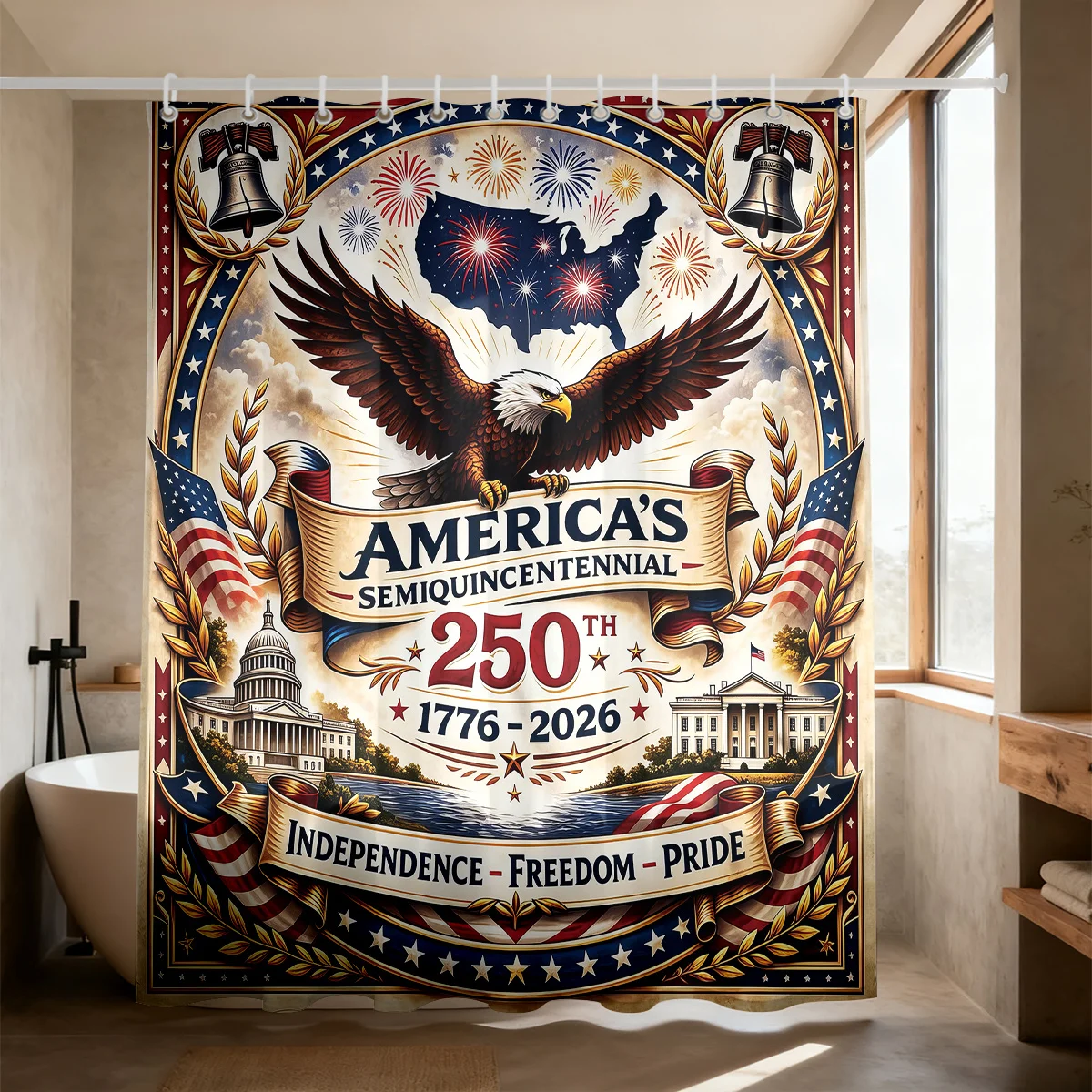 Patriotic American Flag Shower Curtain Bathroom Decor Independence Day USA 250th Bald Eagle Print Home Accent Gift