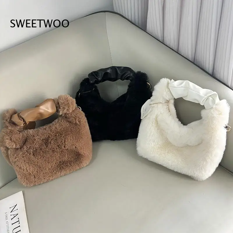 2026 Winter Fluffy Plush Handbag Solid Color Soft Faux Fur Shoulder Bag Trendy Mini Crossbody Bag for Ladies Party