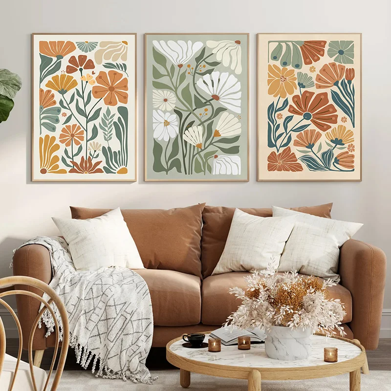 Boho Abstract Floral Diamond Wall Art Set Earth Tone Botanical Line Minimalist Vintage Plant Poster Bedroom Living Room Decor
