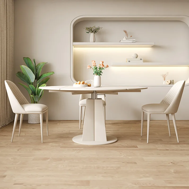 

Cream wind pure white rock slab multi-functional deformation rotating dining table square and round dual-purpose variable round