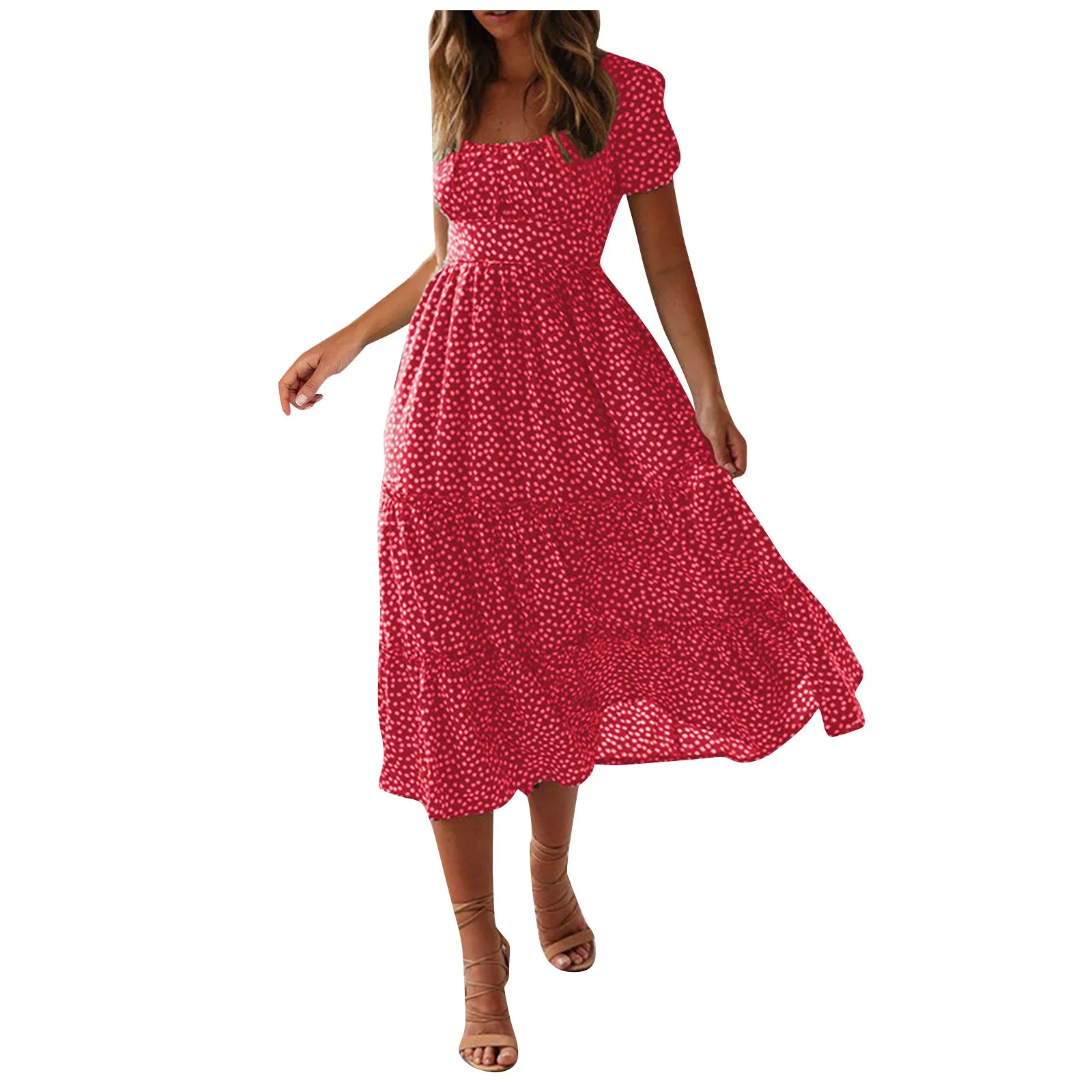 Women'S Polka Dot Printed Dress In Multiple Colors Women'S Fashion Casual Square Neck Bubble Sleeve Dress Vestidos Largos