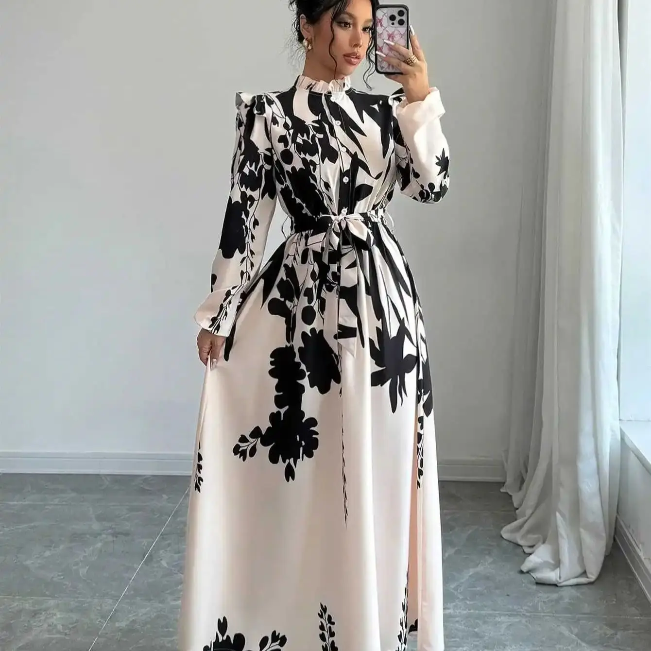 Dresses For Women Black And White Flowers Print Long Sleeve Ruffled Collar Elegant Dress Lace Up A-Line Dress 2026 Spring New view 2