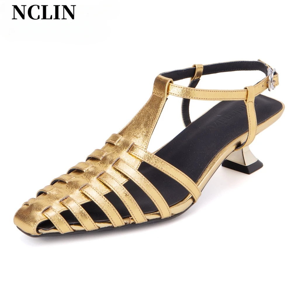 NCLIN Fashion Women Genuine Leather Sandals Rome Style Kitten Heels Gold Silver Party Wedding Shoes Woman High Heels Shoes