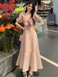 Floral Dress Women V-neck Vintage Aesthetic Gentle Bodycone Korean Fashion Harajuku A-line Vestidos Summer Clothing Ruffles Chic