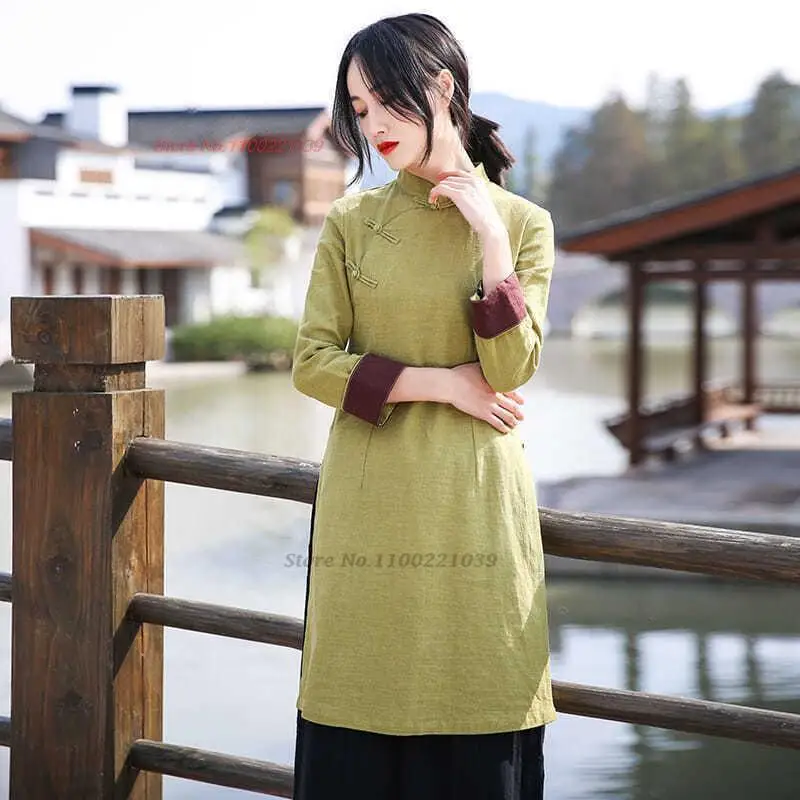 2024 traditional chinese improved qipao vintage cotton linen hanfu tops meditation blouse traditional chinese ethnic zen suit