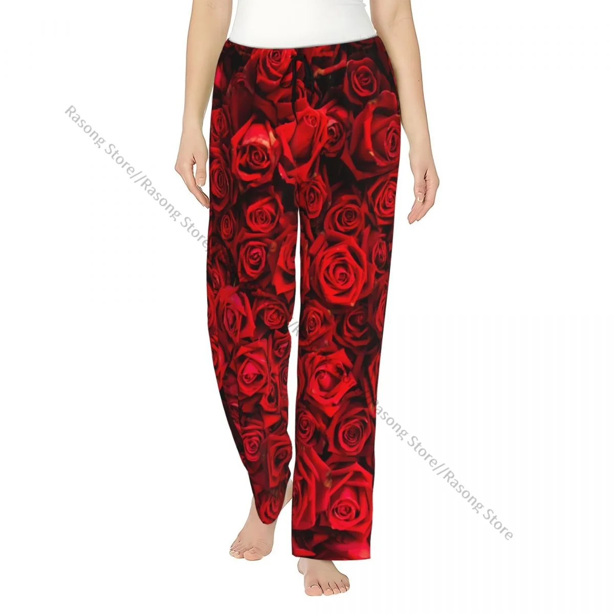 Red Natural Roses Women Sleep Pants Warm Flannel Lounge Pants for Winter Nights