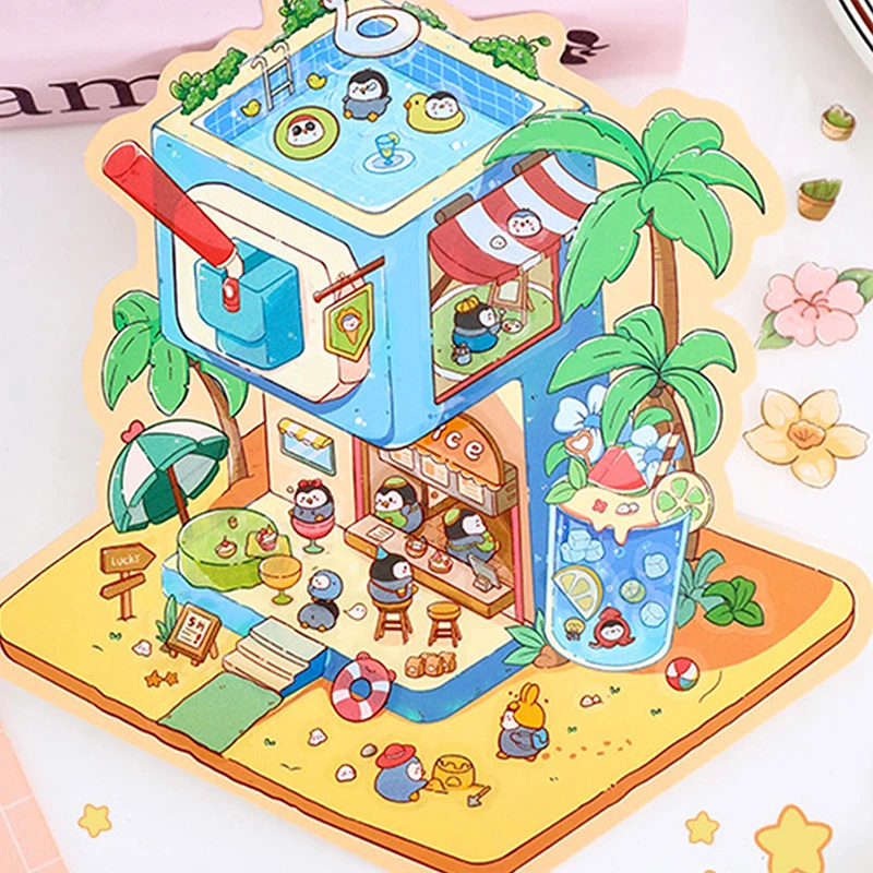 4Set Cute 3D Cartoon DIY Scenery Miniature Scene Visual Stacking Stickers Landscaping Stickers DIY Pocket Cabin Scene Stickers